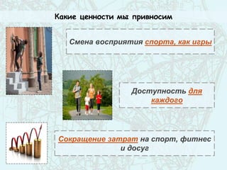 Какие ценности мы привносим
Смена восприятия спорта, как игры
Сокращение затрат на спорт, фитнес
и досуг
Доступность для
каждого
 