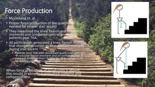 Force Production
• Mcclelland et. al.
• Proper force production of the quadriceps is
needed for proper stair accent
• They measured the knee flexion and extension
moments and compared control group with
patients post TKA.
• All participants generated a knee flexion moment
that changed direction to an extension moment
during stair ascent
• Patients post TKA with decreased quadriceps strength
 reduced flexion moment and an earlier change in
moment direction from flexion to  to compensate
for decreased quadriceps strength.
When force production of quadriceps is absent,
this results in abnormal stair climb patterns and
compensations.
 
