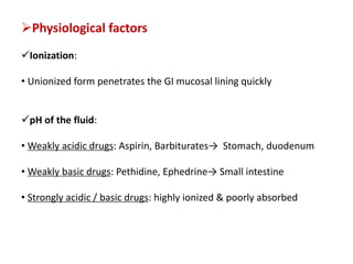 Physiological factors
Ionization:
• Unionized form penetrates the GI mucosal lining quickly
pH of the fluid:
• Weakly acidic drugs: Aspirin, Barbiturates→ Stomach, duodenum
• Weakly basic drugs: Pethidine, Ephedrine→ Small intestine
• Strongly acidic / basic drugs: highly ionized & poorly absorbed
 