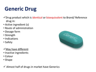 Generic Drug
Drug product which is identical or bioequivalent to Brand/ Reference
drug in:
• Active ingredient (s)
• Route of administration
• Dosage form
• Strength
• Indications
• Safety
May have different:
• Inactive ingredients
• Colour
• Shape
 Almost half of drugs in market have Generics
 
