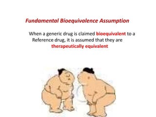 Fundamental Bioequivalence Assumption
When a generic drug is claimed bioequivalent to a
Reference drug, it is assumed that they are
therapeutically equivalent
 