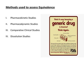 Methods used to assess Equivalence
I. Pharmacokinetic Studies
II. Pharmacodynamic Studies
III. Comparative Clinical Studies
IV. Dissolution Studies
 