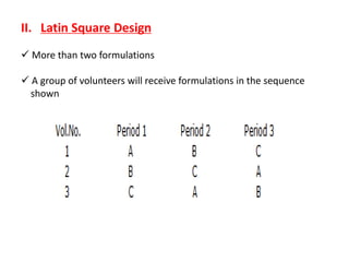 II. Latin Square Design
 More than two formulations
 A group of volunteers will receive formulations in the sequence
shown
 