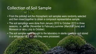 Collection of Soil Sample
• From the polluted soil,the rhizospheric soil samples were randomly selected
and then mixed together to obtain a composoil representative sample.
• The soil samplings were done from January 2012 to October 2013 in three
seasons, i.e., winter (November to February),summer (March to June) and
Monsoon or rainy (July to October)
• The soil samples were brought to the laboratory in sterile condition and stored
in a refrigerator at 4 0C until they were processed.
 