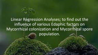 Linear Regression Analyses; to find out the
influence of various Edaphic factors on
Mycorrhizal colonization and Mycorrhizal spore
population.
 
