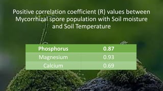 Positive correlation coefficient (R) values between
Mycorrhizal spore population with Soil moisture
and Soil Temperature
Phosphorus 0.87
Magnesium 0.93
Calcium 0.69
 