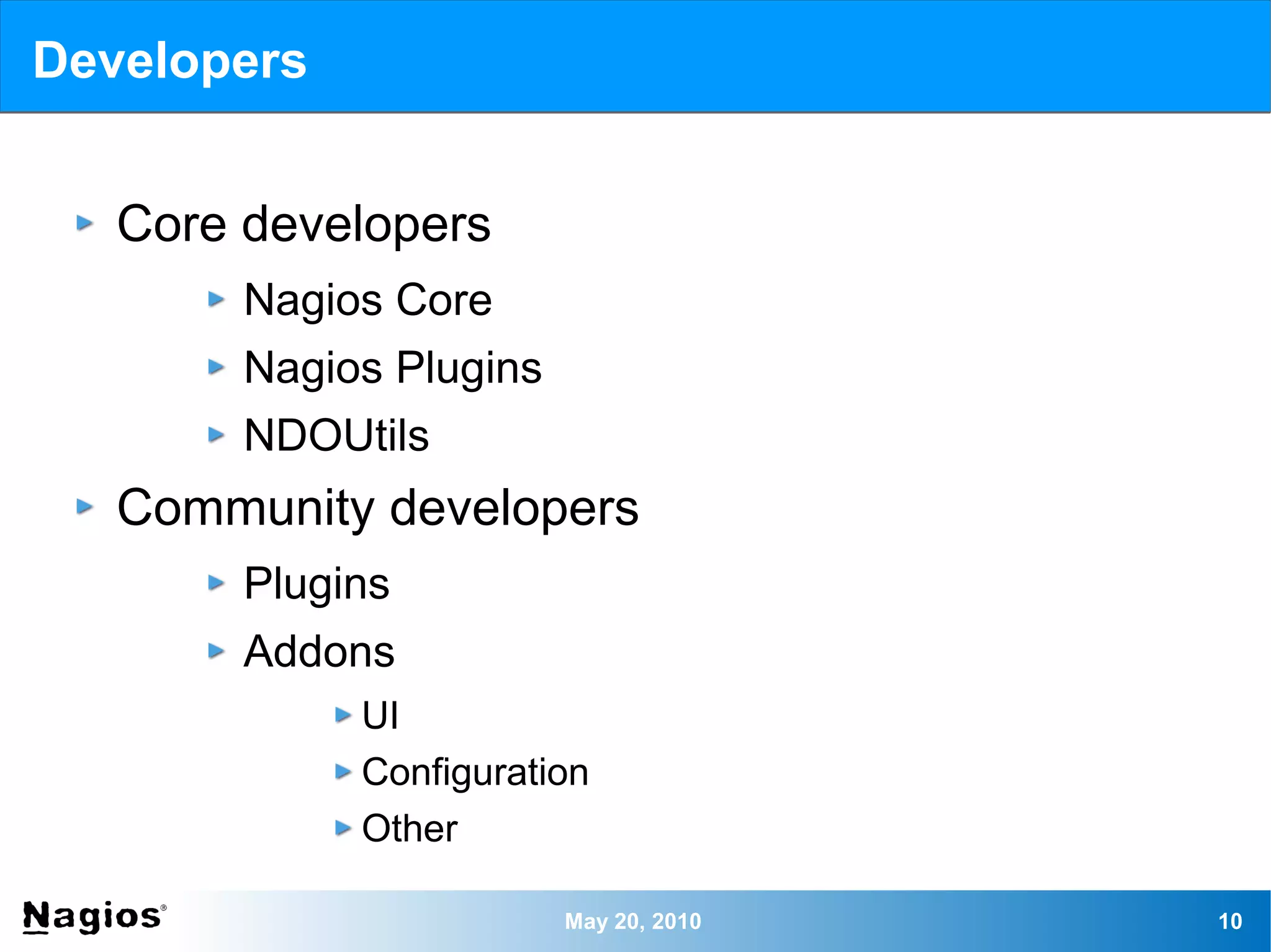 Developers


   Core developers
        Nagios Core
        Nagios Plugins
        NDOUtils
   Community developers
        Plugins
        Addons
             UI
             Configuration
             Other

                         May 20, 2010   10
 