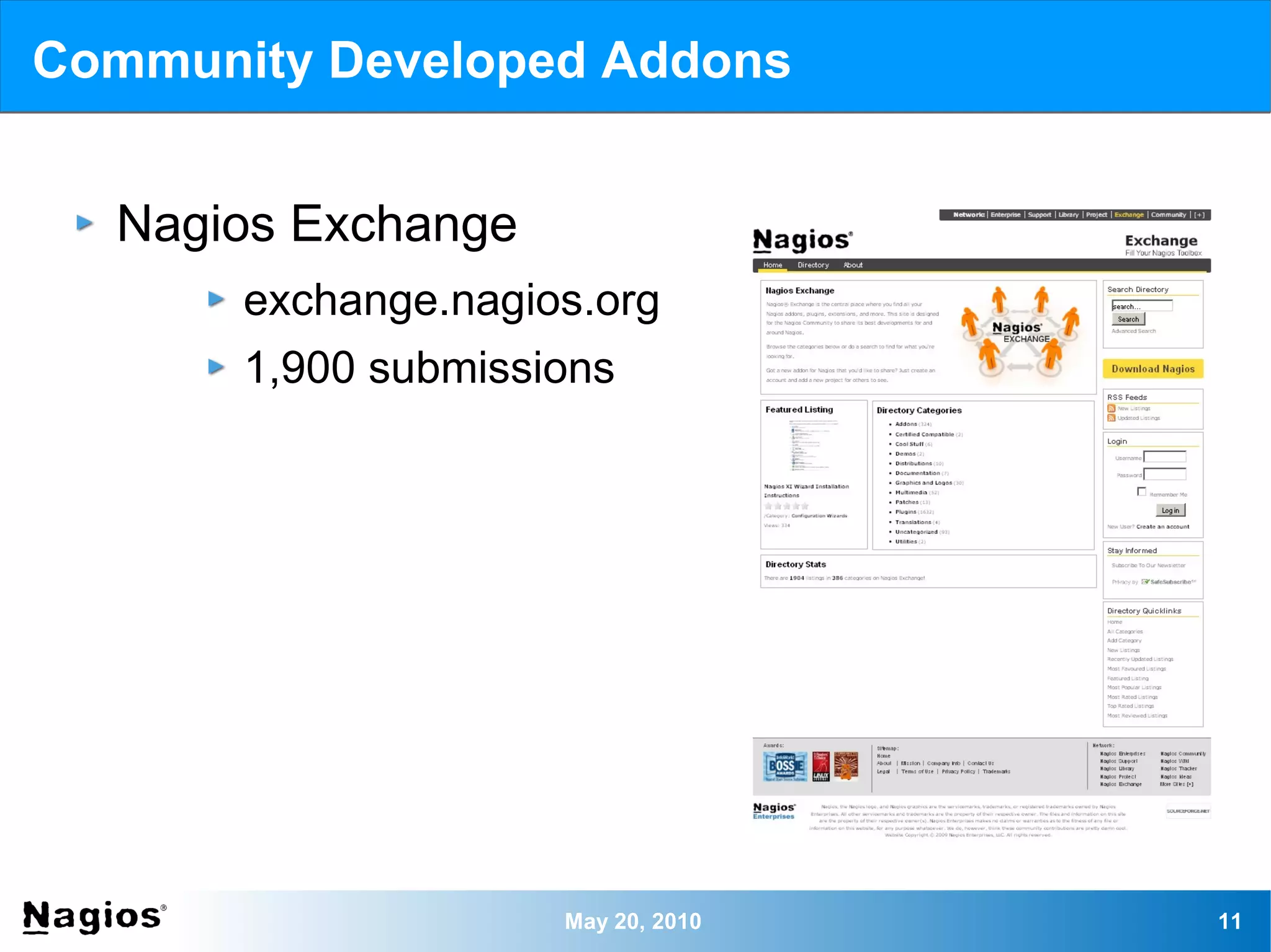 Community Developed Addons


  Nagios Exchange
       exchange.nagios.org
       1,900 submissions




                     May 20, 2010   11
 