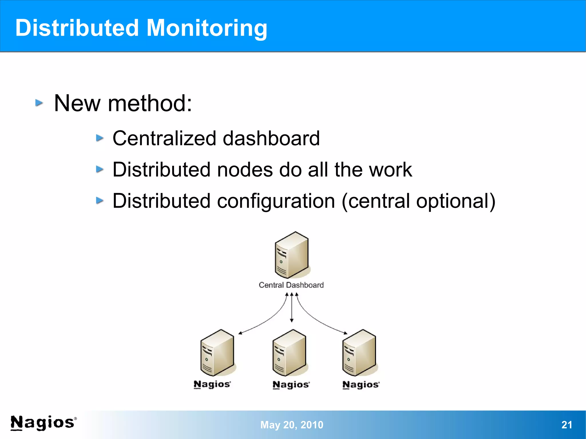 Distributed Monitoring


   New method:
        Centralized dashboard
        Distributed nodes do all the work
        Distributed configuration (central optional)




                        May 20, 2010                   21
 