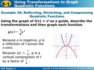 Using the graph of  f(x ) =  x 2  as a guide, describe the transformations and then graph each function . Example 3A: Reflecting, Stretching, and Compressing Quadratic Functions Because  a  is negative,  g  is a reflection of  f  across the  x -axis.     g  x 2 1 4 x Because  |a| =  , g is a  vertical compression of  f  by a factor of   . 