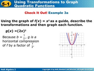 Using the graph of  f(x ) =  x 2  as a guide, describe the transformations and then graph each function . Check It Out!  Example 3a  g ( x ) =(2 x ) 2 Because  b =  , g is a  horizontal compression  of  f  by a factor of   . 