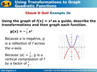 Using the graph of  f(x ) =  x 2  as a guide, describe the transformations and then graph each function . Check It Out!  Example 3b  Because  a  is negative,  g  is a reflection of  f  across the  x -axis.  Because  |a| =  , g is a  vertical compression of  f  by a factor of   . g ( x ) = –  x 2 
