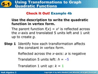 The parent function  f ( x ) =  x 2  is reflected across the  x -axis and translated 5 units left and 1 unit up to create  g. Check It Out!  Example 4b Use the description to write the quadratic function in vertex form. Step 1  Identify how each transformation affects the constant in vertex form.  Translation 5 units left:  h  =  –5   Translation 1 unit up:  k  =  1 Reflected across the  x -axis:  a  is negative  