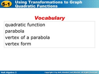 quadratic function parabola vertex of a parabola vertex form Vocabulary 