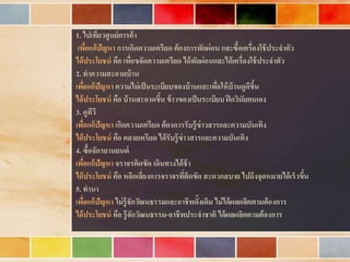 • 1. ไปเที่ยวศูนย์การค้า
• เพื่อแก้ปัญหา การเกิดความเครียด ต้องการพักผ่อน และซื้อเครื่องใช้ประจาตัว
• ได้ประโยชน์ คือ เพื่อขจัดความเครียด ได้พักผ่อนและได้เครื่องใช้ประจาตัว
• 2. ทาความสะอาดบ้าน
• เพื่อแก้ปัญหา ความไม่เป็นระเบียบของบ้านและเพื่อให้บ้านดูดีขึ้น
• ได้ประโยชน์ คือ บ้านสะอาดขึ้น ข้าวของเป็นระเบียบ ฝึกวินัยตนเอง
• 3. ดูทีวี
• เพื่อแก้ปัญหา เกิดความเครียด ต้องการรับรู้ข่าวสารและความบันเทิง
• ได้ประโยชน์ คือ คลายเครียด ได้รับรู้ข่าวสารและความบันเทิง
• 4. ซื้อจักรยานยนต์
• เพื่อแก้ปัญหา จราจรติดขัด เดินทางได้ช้า
• ได้ประโยชน์ คือ หลีกเลี่ยงการจราจรที่ติดขัด สะดวกสบาย ไปถึงจุดหมายได้เร็วขึ้น
• 5. ทานา
• เพื่อแก้ปัญหา ไม่รู้จักวัฒนธรรมและอาชีพดั้งเดิม ไม่ได้ผลผลิตตามต้องการ
• ได้ประโยชน์ คือ รู้จักวัฒนธรรม-อาชีพประจาชาติ ได้ผลผลิตตามต้องการ
 