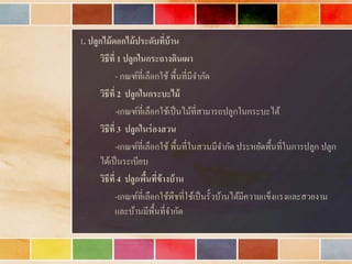 1. ปลูกไม้ดอกไม้ประดับที่บ้าน
วิธีที่ 1 ปลูกในกระถางดินเผา
- กณฑ์ที่เลือกใช้พื้นที่มีจำกัด
วิธีที่ 2 ปลูกในกระบะไม้
-เกณฑ์ที่เลือกใช้เป็นไม้ที่สำมำรถปลูกในกระบะได้
วิธีที่ 3 ปลูกในร่องสวน
-เกณฑ์ที่เลือกใช้พื้นที่ในสวนมีจำกัด ประหยัดพื้นที่ในกำรปลูก ปลูก
ได้เป็นระเบียบ
วิธีที่ 4 ปลูกพื้นที่ข้างบ้าน
-เกณฑ์ที่เลือกใช้พืชที่ใช้เป็นรั้วบ้ำนได้มีควำมแข็งแรงและสวยงำม
และบ้ำนมีพื้นที่จำกัด
 
