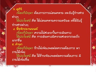 3. ดูทีวี
เพื่อแก้ปัญหำ ต้องกำรกำรผ่อนคลำย และรับรู้ข่ำวสำร
ต่ำงๆ
ได้ประโยชน์ คือ ได้ผ่อนคลำยควำมเครียด แล้ได้รับรู้
ข่ำวสำรต่ำงๆ
4. ซื้อจักรยำนยนต์
เพื่อแก้ปัญหำ ควำมไม่สะดวกในกำรเดินทำง
ได้ประโยชน์ คือ กำรเดินทำงมีควำมสะดวกรวดเร็ว
มำกขึ้น
5. ทำนำ
เพื่อแก้ปัญหำ ข้ำวไม่เพียงพอต่อควำมต้องกำร หำ
รำยได้เพิ่ม
ได้ประโยชน์ คือ ได้ข้ำวเพียงพอต่อควำมต้องกำร มี
รำยได้เพิ่มขึ้น
 