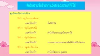 คิดวิเคราะห์สร้างทางเลือก และเกณฑ์ที่ใช้
ปลูกไม้ดอกไม้ประดับที่บ้าน
วิธีที่ 1 ปลูกในกระถางดินเผา
เกณฑ์ที่เลือกใช้ พื้นที่มีจากัด
วิธีที่ 2 ปลูกในกระบะไม้
เกณฑ์ที่เลือกใช้ เป็นไม้ที่สามารถปลูกในกระบะได้
วิธีที่ 3 ปลูกในร่องสวน
เกณฑ์ที่เลือกใช้ ขนาดของร่องสวนและขนาดต้นไม้ที่พอดีกับร่องสวน
วิธีที่ 4 ปลูกพื้นที่ข้างบ้าน
เกณฑ์ที่เลือกใช้ เป็นไม้ที่สวยงาม ดูแลง่าย
 