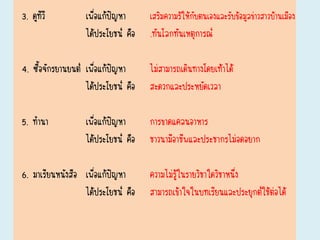 3. ดูทีวี เพื่อแก้ปัญหา เสริมความร้ให้กับตนเองและรับข้อมูลข่าวสาวบ้านเมือง
ได้ประโยชน์ คือ .ทันโลกทันเหตุการณ์
4. ซื้อจักรยานยนต์ เพื่อแก้ปัญหา ไม่สามารถเดินทางโดยเท้าได้
ได้ประโยชน์ คือ สะดวกและประหยัดเวลา
5. ทานา เพื่อแก้ปัญหา การขาดแคลนอาหาร
ได้ประโยชน์ คือ ชาวนามีอาชีพและประชากรไม่อดอยาก
6. มาเรียนหนังสือ เพื่อแก้ปัญหา ความไม่รู้ในรายวิชาใดวิชาหนึ่ง
ได้ประโยชน์ คือ สามารถเข้าใจในบทเรียนและประยุกต์ใช้ต่อได้
 