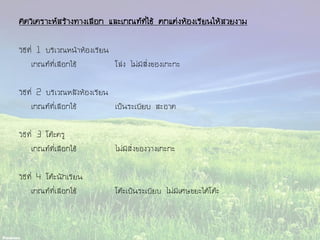 คิดวิเคราะห์สร้างทางเลือก และเกณฑ์ที่ใช้ ตกแต่งห้องเรียนให้สวยงาม
วิธีที่ 1 บริเวณหน้าห้องเรียน
เกณฑ์ที่เลือกใช้ โล่ง ไม่มีสิ่งของเกะกะ
วิธีที่ 2 บริเวณหลังห้องเรียน
เกณฑ์ที่เลือกใช้ เป็นระเบียบ สะอาด
วิธีที่ 3 โต๊ะครู
เกณฑ์ที่เลือกใช้ ไม่มีสิ่งของวางเกะกะ
วิธีที่ 4 โต๊ะนักเรียน
เกณฑ์ที่เลือกใช้ โต๊ะเป็นระเบียบ ไม่มีเศษขยะใต้โต๊ะ
 