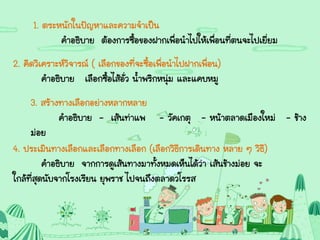 1. ตระหนักในปัญหาและความจาเป็น
คาอธิบาย ต้องการซื้อของฝากเพื่อนาไปให้เพื่อนที่ตนจะไปเยี่ยม
2. คิดวิเคราะห์วิจารณ์ ( เลือกของที่จะซื้อเพื่อนาไปฝากเพื่อน)
คาอธิบาย เลือกซื้อไส้อั่ว น้าพริกหนุ่ม และแคบหมู
3. สร้างทางเลือกอย่างหลากหลาย
คาอธิบาย - เส้นท่าแพ - วัคเกตุ - หน้าตลาดเมืองใหม่ - ช้าง
ม่อย
4. ประเมินทางเลือกและเลือกทางเลือก (เลือกวิธีการเดินทาง หลาย ๆ วิธี)
คาอธิบาย จากการดูเส้นทางมาทั้งหมดเห็นได้ว่า เส้นช้างม่อย จะ
ใกล้ที่สุดนับจากโรงเรียน ยุพราช ไปจนถึงตลาดวโรรส
 
