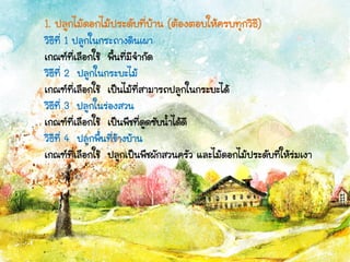 1. ปลูกไม้ดอกไม้ประดับที่บ้าน (ต้องตอบให้ครบทุกวิธี)
วิธีที่ 1 ปลูกในกระถางดินเผา
เกณฑ์ที่เลือกใช้ พื้นที่มีจากัด
วิธีที่ 2 ปลูกในกระบะไม้
เกณฑ์ที่เลือกใช้ เป็นไม้ที่สามารถปลูกในกระบะได้
วิธีที่ 3 ปลูกในร่องสวน
เกณฑ์ที่เลือกใช้ เป็นพืชที่ดูดซับน้าได้ดี
วิธีที่ 4 ปลูกพื้นที่ข้างบ้าน
เกณฑ์ที่เลือกใช้ ปลูกเป็นพืชผักสวนครัว และไม้ดอกไม้ประดับที่ให้ร่มเงา
 
