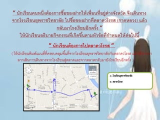 “ นักเรียนคนหนึ่งต้องการซื้อของฝากให้เพื่อนที่อยู่ต่างจังหวัด จึงเดินทาง
จากโรงเรียนยุพราชวิทยาลัย ไปซื้อของฝากที่ตลาดวโรรส (กาดหลวง) แล้ว
กลับมาโรงเรียนอีกครั้ง “
ให้นักเรียนอธิบายกิจกรรมที่เกิดขึ้นตามหัวข้อที่กาหนดให้ต่อไปนี้
“ นักเรียนต้องการไปตลาดวโรรส “
( ให้นักเรียนพิมพ์แผนที่ที่ครอบคลุมพื้นที่จากโรงเรียนยุพราชวิทยาลัยกับตลาดวโรรส แล้วใช้ปากกา
ลากเส้นการเดินทางจากโรงเรียนสู่ตลาดและจากตลาดกลับมายังโรงเรียนอีกครั้ง )
 