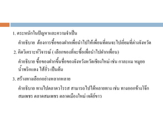 1. ตระหนักในปัญหาและความจําเป็น
คําอธิบาย ต้องการซื้อของฝากเพื่อนําไปให้เพื่อนที่ตนจะไปเยี่ยมที่ต่างจังหวัด
2. คิดวิเคราะห์วิจารณ์ ( เลือกของที่จะซื้อเพื่อนําไปฝากเพื่อน)
คําอธิบาย ซื้อของฝากขึ้นชื่อของจังหวังหวัดเชียงใหม่ เช่น กาละแม หมูยอ
น้ําพริกแดง ไส้อั่ว เป็นต้น
3. สร้างทางเลือกอย่างหลากหลาย
คําอธิบาย ทางไปตลาดวโรรส สามารถไปได้หลายทาง เช่น ทางออกข้างโจ๊ก
สมเพชร ตลาดสมเพชร ตลาดเมืองใหม่ เจดีย์ขาว
 
