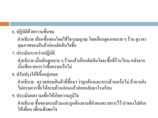 6. ปฏิบัติด้วยความชื่นชม
คําอธิบาย เลือกซื้อของโดยใช้วิจารณญาณ โดยเลือกดูจากหลาย ๆ ร้าน ดูราคา
คุณภาพของสินค้าก่อนตัดสินใจซื้อ
7. ประเมินระหว่างปฏิบัติ
คําอธิบาย เมื่อเดินดูหลาย ๆ ร้านแล้วเลือกตัดสินใจจะซื้อที่ร้านไหน หลังจาก
นั้นเช็ครายการว่าซื้อครบหรือไม่
8. ปรับปรุงให้ดีขึ้นอยู่เสมอ
คําอธิบาย ตรวจสอบสินค้าที่ซื้อมา ว่าถูกต้องและครบถ้วนหรือไม่ ถ้าหากยัง
ไม่ครบควรซื้อให้ครบถ้วนก่อนแล้วค่อยกลับมาโรงเรียน
9. ประเมินผลรวมเพื่อให้เกิดความภูมิใจ
คําอธิบาย ซื้อของครบถ้วนและถูกต้องตามที่กําหนดรายการไว้ นําของไปฝาก
ให้เพื่อน เพื่อนพึงพอใจ
 