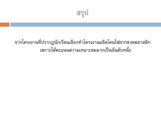 สรุป
จากโครงงานที่ปรากฏนักเรียนเลือกทาโครงงานผลิตโคมไฟจากขวดพลาสติก
เพราะได้คะแนนความเหมาะสมมากเป็นอันดับหนึ่ง
 