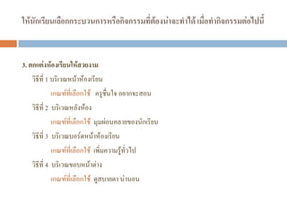 ให้นักเรียนเลือกกระบวนการหรือกิจกรรมที่ต้องน่าจะทาได้ เมื่อทากิจกรรมต่อไปนี้
3. ตกแต่งห้องเรียนให้สวยงาม
วิธีที่ 1 บริเวณหน้าห้องเรียน
เกณฑ์ที่เลือกใช้ ครูชื่นใจ อยากจะสอน
วิธีที่ 2 บริเวณหลังห้อง
เกณฑ์ที่เลือกใช้ มุมผ่อนคลายของนักเรียน
วิธีที่ 3 บริเวณบอร์ดหน้าห้องเรียน
เกณฑ์ที่เลือกใช้ เพิ่มความรู้ทั่วไป
วิธีที่ 4 บริเวณขอบหน้าต่าง
เกณฑ์ที่เลือกใช้ ดูสบายตา น่านอน
 