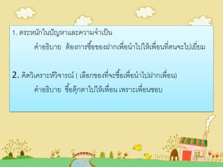 1. ตระหนักในปัญหาและความจาเป็น
คาอธิบาย ต้องการซื้อของฝากเพื่อนาไปให้เพื่อนที่ตนจะไปเยี่ยม
2. คิดวิเคราะห์วิจารณ์ ( เลือกของที่จะซื้อเพื่อนาไปฝากเพื่อน)
คาอธิบาย ซื้อตุ๊กตาไปให้เพื่อน เพราะเพื่อนชอบ
 