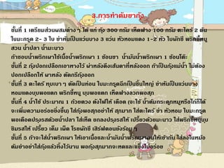 3.การทาต้มยากุ้ง
ขั้นที่ 1 เตรียมส่วนผสมต่างๆ ได้ แก่ กุ้ง 300 กรัม เห็ดฟาง 100 กรัม ตะไคร้ 2 ต้น
ใบมะกรูด 2- 3 ใบ ข่าหันเป
็ นแว่นบาง 3 แว่น หัวหอมแดง 1-2 หัว ใบผักชี พริกขี้หนู
สวน น้าปลา น้ามะนาว
ถ้าชอบน้าพริกเผาใช้เนื้อน้าพริกเผา 1 ช้อนชา น้ามันน้าพริกเผา 1 ช้อนโต๊ะ
ขั้นที่ 2 กุ้งปอกเปลือกเอาหางไว้ ผ่าหลังดึงเส้นดาที่หลังออก ถ้าเป็ นกุ้งแม่น้า ไม่ต้อง
ปอกเปลือกให้ ผาหลัง ตัดกรีกุ้งออก
ขั้นที่ 3 ตะไคร้ ทุบเบาๆ ตัดเป
็ นท่อน ใบมะกรูดฉีกเป
็ นชิ้นใหญ่ ข่าหันเป
็ นแว่นบาง
หอมแดงบุบพอแตก พริกขี้หนูบุบพอแตก เห็ดฟางลวกพอสุก
ขั้นที่ 4 น้าใช้ ประมาณ 1 ถ้วยตวง ตังไฟให้ เดือด (จะใช้ น้าต้มกระดูกหมูหรือไก่ก็ได้
จะเพิ่มความอร่อยยิ่งขึ้น) ใส่กุ้งพอสุกอย่าให้ สุกมาก ใส่ตะไคร้ ข่า หัวหอม ใบมะกรูด
พอเดือดปรุงรสด้วยน้าปลา ใส่เห็ด ยกลงปรุงรสให้ เปรี้ยวด้วยมะนาว ใส่พริกขี้หนูบุบ
ชิมรสให้ เปรี้ยว เค็ม เผ็ด โรยผักชี เสิร์ฟตอนยังร้อนๆ
ขั้นที่ 5 ถ้าจะใส่น้าพริกเผา ให้เอาเนื้อและน้ามันน้าพริกเผาคนให้เข้ากัน ใส่ลงในหม้อ
ต้มยาอย่าใส่กุ้งแล้วทิ้งไว้นาน พอกุ้งสุกมากจะหดและแข็งไม่อร่อย
 