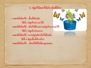 1. ปลูกไม้ดอกไม้ประดับที่บ้าน
เกณฑ์ที่เลือกใช้ : พื้นที่มีจากัด
วิธีที่ 2 ปลูกในกระบะไม้
เกณฑ์ที่เลือกใช้ : เป็นไม้ที่สามารถปลูกในกระบะได้
วิธีที่ 3 ปลูกในร่องสวน
เกณฑ์ที่เลือกใช้ : ควรปลูกผักหรือไม้ยืนต้น
วิธีที่ 4 ปลูกพื้นที่ข้างบ้าน
เกณฑ์ที่เลือกใช้ : เลือกไม้ที่ไม่ต้องดูแลเยอะ
 