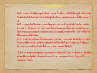 3. การปลูกผักสวนครัว
ขั้นที่ 1 การพรวนดิน ใช้จอบขุดดินลึกประมาณ 6 นิ้ว เพื่อพรวนดินให้มีโครงสร้างดีขึ้น กาจัด
วัชพืชในดินกาจัดไข่แมลงหรือโรคพืชที่อยู่ในดิน โดยการพรวนดินและตากทิ้งไว้ประมาณ 7-15
วัน
ขั้นที่ 2 การยกแปลง ใช้จอบพรวนยกแปลงสูงประมาณ 4-5 นิ้ว จากผิวดิน โดยมีความกว้าง
ประมาณ 1-1.20 เมตร ส่วนความยาวควรเป็นตามลักษณะของพื้นที่หรืออาจแบ่งเป็นแปลง
ย่อยๆ ตามความเหมาะสม ความยาวของแปลงนั้นควรอยู่ในแนวทิศเหนือ - ใต้ ทั้งนี้เพื่อให้ผัก
ได้รับแสงแดดทั่วทั้งแปลง
ขั้นที่ 3 การปรับปรุงเนื้อดินเนื้อดินที่ปลูกผักควรเป็นดินร่วนแต่สภาพ ดินเดิมนั้นอาจจะเป็น
ดิน ทรายหรือดินเหนียว จาเป็นต้องปรับปรุงให้เนื้อดินดีขึ้นโดยการใส่ปุ๋ ยหมักหรือปุ๋ ยคอก
อัตราประมาณ 2-3 กิโลกรัม ต่อเนื้อที่ 1 ตารางเมตร คลุกเคล้าให้เข้ากัน
• ขั้นที่ 4 การกาหนดหลุมปลูกจะกาหนดภายหลังจากเลือกชนิด ผักต่างๆ แล้วเพราะว่าผักแต่ละ
ชนิดจะใช้ระยะปลูกที่ต่างกัน เช่น พริก ควรใช้ ระยะ 75*100 เซนติเมตร ผักบุ้งจะเป็น 5*5
เซนติเมตร เป็นต้น
 