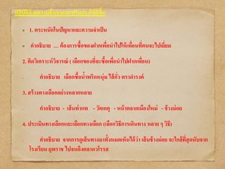ปฏิบัติด้วยความชื่นชมและปรับปรุงให้ดีขึ้น
1. ตระหนักในปัญหาและความจาเป็น
คาอธิบาย … ต้องการซื้อของฝากเพื่อนาไปให้เพื่อนที่ตนจะไปเยี่ยม
2. คิดวิเคราะห์วิจารณ์ ( เลือกของที่จะซื้อเพื่อนาไปฝากเพื่อน)
• คาอธิบาย เลือกซื้อน้าพริกหนุ่ม ไส้อั่ว ตราดารงค์
3. สร้างทางเลือกอย่างหลากหลาย
• คาอธิบาย - เส้นท่าแพ - วัคเกตุ - หน้าตลาดเมืองใหม่ - ช้างม่อย
4. ประเมินทางเลือกและเลือกทางเลือก (เลือกวิธีการเดินทาง หลาย ๆ วิธี)
• คาอธิบาย จากการดูเส้นทางมาทั้งหมดเห็นได้ว่า เส้นช้างม่อย จะใกล้ที่สุดนับจาก
โรงเรียน ยุพราช ไปจนถึงตลาดวโรรส
 