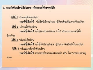 3. ตกแต่งห้องเรียนให้สวยงาม (ต้องตอบให้ครบทุกวิธี)
วิธีที่ 1 บริเวณหน้าห้องเรียน
เกณฑ์ที่เลือกใช้ ทาให้หน้าห้องสะอาด ผู้เรียนเห็นแล้วอยากเข้ามาเรียน
วิธีที่ 2 บริเวณในห้องเรียน
เกณฑ์ที่เลือกใช้ ทาให้ห้องเรียนสะอาด น่าใช้ สร้างบรรยากาศที่ดีใน
ห้องเรียน
วิธีที่ 3 บริเวณโต๊ะเรียน
เกณฑ์ที่เลือกใช้ ทาให้โต๊ะเรียนสะอาด ผู้เรียนกระตือรือร้นในการเรียน
วิธีที่ 4 บริเวณบอร์ดหน้าห้องเรียน
เกณฑ์ที่เลือกใช้ สร้างสรรค์ผลงานและตกแต่ง เช่น ในงานเทศกาลสาคัญ
ต่างๆ
 