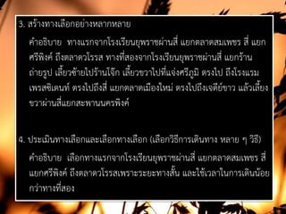 3. สรางทางเลือกอยางหลากหลาย
คําอธิบาย ทางแรกจากโรงเรียนยุพราชผานสี่ แยกตลาดสมเพชร สี่ แยก
ศรีพิงค ถึงตลาดวโรรส ทางที่สองจากโรงเรียนยุพราชผานสี่ แยกราน
ถายรูป เลี้ยวซายไปรานโจก เลี้ยวขวาไปที่แจงศรีภูมิ ตรงไป ถึงโรงแรม
เพรสซิเดนท ตรงไปถึงสี่ แยกตลาดเมืองใหม ตรงไปถึงเจดียขาว แลวเลี้ยง
ขวาผานสี่แยกสะพานนครพิงค
4. ประเมินทางเลือกและเลือกทางเลือก (เลือกวิธีการเดินทาง หลาย ๆ วิธี)
คําอธิบาย เลือกทางแรกจากโรงเรียนยุพราชผานสี่ แยกตลาดสมเพชร สี่
แยกศรีพิงค ถึงตลาดวโรรสเพราะระยะทางสั้น และใชเวลาในการเดินนอย
กวาทางที่สอง
 