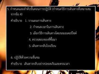 5. กําหนดและลําดับขั้นตอนการปฏิบัติ (กําหนดวิธีการเดินทางที่เหมาะสม
จากขอ 4)
คําอธิบาย 1. วางแผนการเดินทาง
2. กําหนดเวลาในการเดินทาง
3. เลือกวิธีการเดินทางโดยรถมอเตอรไซค
4. ตรวจสอบของที่ซื้อมา
5. เดินทางกลับโรงเรียน
6. ปฏิบัติดวยความชื่นชม
คําอธิบาย เดินทางกลับอยางปลอดภัยและตรงเวลา
 