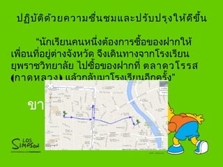 ปฏิบัติด้วยความชื่นชมและปรับปรุงให้ดีขึ้น
“นักเรียนคนหนึ่งต้องการซื้อของฝากให้
เพื่อนที่อยู่ต่างจังหวัด จึงเดินทางจากโรงเรียน
ยุพราชวิทยาลัย ไปซื้อของฝากที่ ตลาดวโรรส
(กาดหลวง) แล้วกลับมาโรงเรียนอีกครั้ง”
ขาไป
 