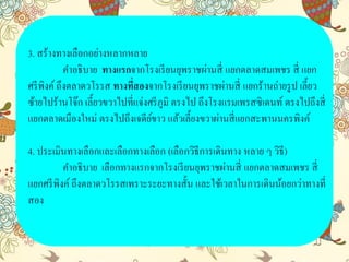 3. สร้างทางเลือกอย่างหลากหลาย
คาอธิบาย ทางแรกจากโรงเรียนยุพราชผ่านสี่ แยกตลาดสมเพชร สี่ แยก
ศรีพิงค์ ถึงตลาดวโรรส ทางที่สองจากโรงเรียนยุพราชผ่านสี่ แยกร้านถ่ายรูป เลี้ยว
ซ้ายไปร้านโจ๊ก เลี้ยวขวาไปที่แจ่งศรีภูมิ ตรงไป ถึงโรงแรมเพรสซิเดนท์ ตรงไปถึงสี่
แยกตลาดเมืองใหม่ ตรงไปถึงเจดีย์ขาว แล้วเลี้ยงขวาผ่านสี่แยกสะพานนครพิงค์
4. ประเมินทางเลือกและเลือกทางเลือก (เลือกวิธีการเดินทาง หลาย ๆ วิธี)
คาอธิบาย เลือกทางแรกจากโรงเรียนยุพราชผ่านสี่ แยกตลาดสมเพชร สี่
แยกศรีพิงค์ ถึงตลาดวโรรสเพราะระยะทางสั้น และใช้เวลาในการเดินน้อยกว่าทางที่
สอง
 