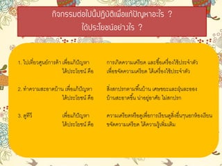 กิจกรรมต่อไปนี้ปฏิบัติเพื่อแก้ปัญหาอะไร ?
ได้ประโยชน์อย่างไร ?
1. ไปเที่ยวศูนย์การค้าเพื่อแก้ปัญหา การเกิดความเครียด และซื้อเครื่องใช้ประจาตัว
ได้ประโยชน์ คือ เพื่อขจัดความเครียด ได้เครื่องใช้ประจาตัว
2. ทาความสะอาดบ้าน เพื่อแก้ปัญหา สิ่งสกปรกตามพื้นบ้าน เศษขยะและฝุ่นละออง
ได้ประโยชน์ คือ บ้านสะอาดขึ้น น่าอยู่อาศัย ไม่สกปรก
3. ดูทีวี เพื่อแก้ปัญหา ความเครียดหรือดูเพื่อการเรียนดูสิ่งอื่นๆนอกห้องเรียน
ได้ประโยชน์ คือ ขจัดความเครียด ได้ความรู้เพิ่มเติม
 