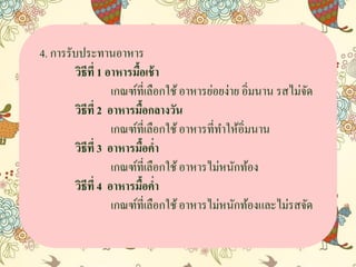 4. กำรรับประทำนอำหำร
วิธีที่ 1 อาหารมื้อเช้า
เกณฑ์ที่เลือกใช้อำหำรย่อยง่ำย อิ่มนำน รสไม่จัด
วิธีที่ 2 อาหารมื้อกลางวัน
เกณฑ์ที่เลือกใช้อำหำรที่ทำให้อิ่มนำน
วิธีที่ 3 อาหารมื้อค่า
เกณฑ์ที่เลือกใช้อำหำรไม่หนักท้อง
วิธีที่ 4 อาหารมื้อค่า
เกณฑ์ที่เลือกใช้อำหำรไม่หนักท้องและไม่รสจัด
 