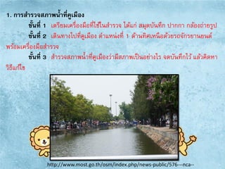 1. การสารวจสภาพน้าที่คูเมือง
ขั้นที่ 1 เตรียมเครื่องมือที่ใช้ในสารวจ ได้แก่ สมุดบันทึก ปากกา กล้องถ่ายรูป
ขั้นที่ 2 เดินทางไปที่คูเมือง ตาแหน่งที่ 1 ด้านทิศเหนือด้วยรถจักรยานยนต์
พร้อมเครื่องมือสารวจ
ขั้นที่ 3 สารวจสภาพน้าที่คูเมืองว่ามีสภาพเป็นอย่างไร จดบันทึกไว้ แล้วคิดหา
วิธีแก้ไข
http://www.most.go.th/osm/index.php/news-public/576---nca--
 