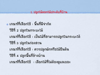 1. ปลูกไม้ดอกไม้ประดับที่บ้าน
เกณฑ์ที่เลือกใช้ : พื้นที่มีจากัด
วิธีที่ 2 ปลูกในกระบะไม้
เกณฑ์ที่เลือกใช้ : เป็นไม้ที่สามารถปลูกในกระบะได้
วิธีที่ 3 ปลูกในร่องสวน
เกณฑ์ที่เลือกใช้ : ควรปลูกผักหรือไม้ยืนต้น
วิธีที่ 4 ปลูกพื้นที่ข้างบ้าน
เกณฑ์ที่เลือกใช้ : เลือกไม้ที่ไม่ต้องดูแลเยอะ
 