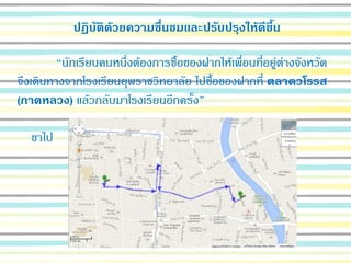 ปฏิบัติด้วยความชื่นชมและปรับปรุงให้ดีขึ้น
“นักเรียนคนหนึ่งต้องการซื้อของฝากให้เพื่อนที่อยู่ต่างจังหวัด
จึงเดินทางจากโรงเรียนยุพราชวิทยาลัย ไปซื้อของฝากที่ ตลาดวโรรส
(กาดหลวง) แล้วกลับมาโรงเรียนอีกครั้ง”
ขาไป
 