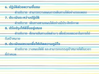 6. ปฏิบัติด้วยความชื่นชม
คาอธิบาย สามารถวางแผนการเดินทางได้อย่างรอบคอบ
7. ประเมินระหว่างปฏิบัติ
คาอธิบาย เดินทางตามแผนได้อย่างมีประสิทธิภาพ
8. ปรับปรุงให้ดีขึ้นอยู่เสมอ
คาอธิบาย ศึกษาเส้นทางลัดต่างๆ เพื่อช่วยลดเวลาในการไป
ถึงเป้าหมาย
9. ประเมินผลรวมเพื่อให้เกิดความภูมิใจ
คาอธิบาย วางแผนได้ดี และสามารถบรรลุเป้าหมายได้ในเวลา
ที่กาหนด
 