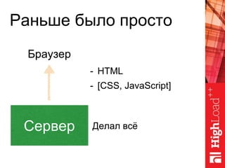 Раньше было просто
Сервер
Браузер
- HTML
- [CSS, JavaScript]
Делал всё
 