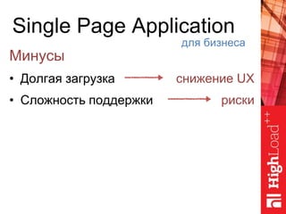 Single Page Application
Минусы
• Долгая загрузка
• Сложность поддержки
для бизнеса
снижение UX
риски
 