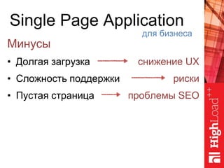 Single Page Application
Минусы
• Долгая загрузка
• Сложность поддержки
• Пустая страница
для бизнеса
снижение UX
риски
проблемы SEO
 
